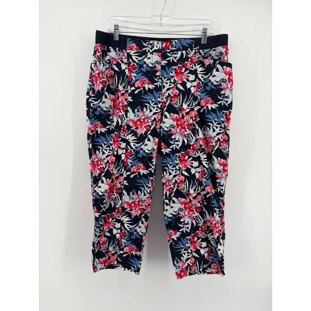 Chico's‎ Womens 2 / US L Navy Blue Floral Capri Pants Stretch Cropped Tropical